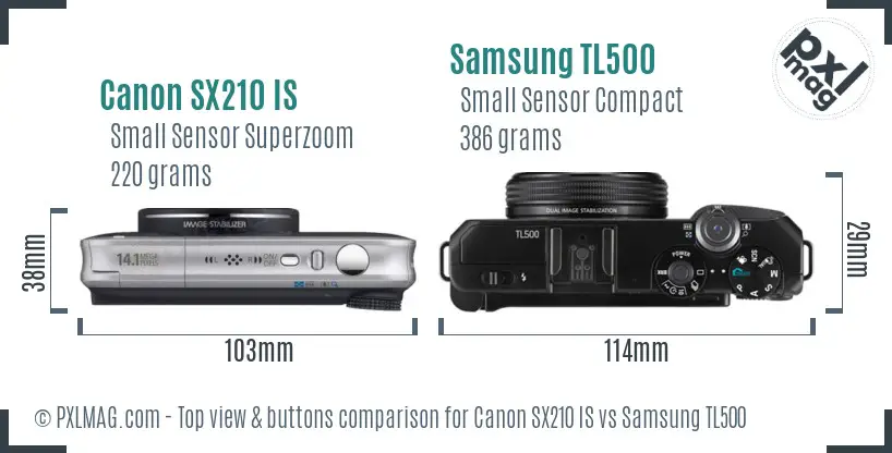 Canon SX210 IS vs Samsung TL500 top view buttons comparison Canon SX210 IS vs Samsung TL500 top view buttons comparison