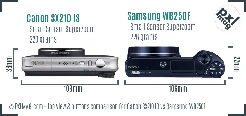 Canon SX210 IS vs Samsung WB250F top view buttons comparison