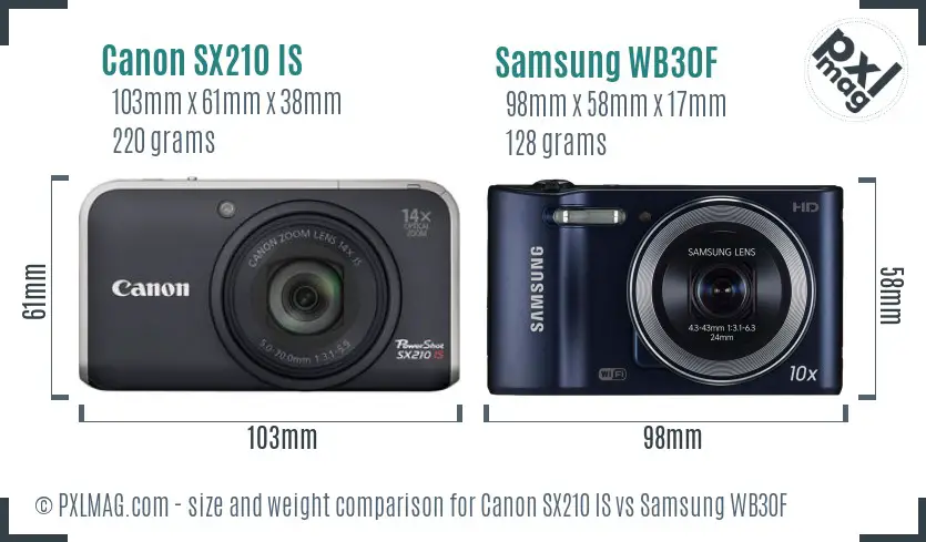 Canon SX210 IS vs Samsung WB30F size comparison