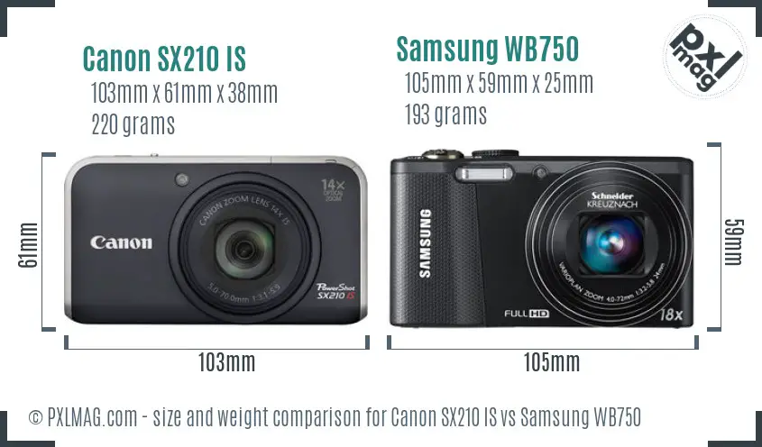 Canon SX210 IS vs Samsung WB750 size comparison