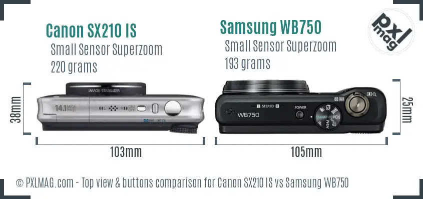 Canon SX210 IS vs Samsung WB750 top view buttons comparison