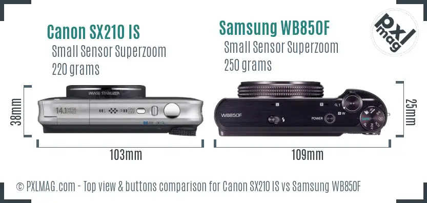 Canon SX210 IS vs Samsung WB850F top view buttons comparison