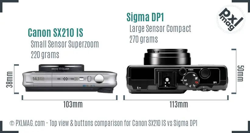 Canon SX210 IS vs Sigma DP1 top view buttons comparison