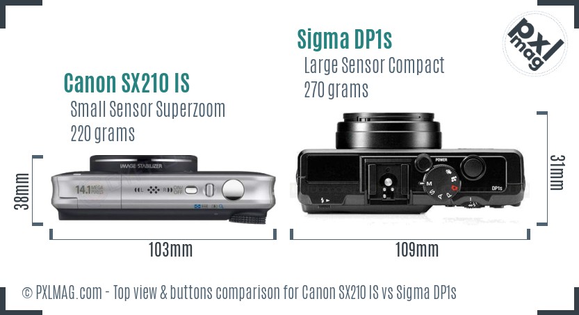 Canon SX210 IS vs Sigma DP1s top view buttons comparison