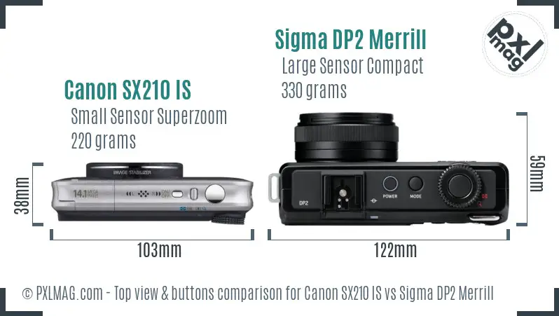Canon SX210 IS vs Sigma DP2 Merrill top view buttons comparison Canon SX210 IS vs Sigma DP2 Merrill top view buttons comparison
