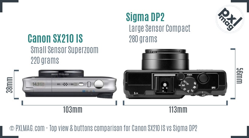 Canon SX210 IS vs Sigma DP2 top view buttons comparison