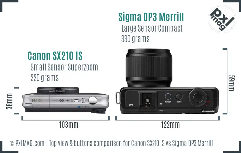 Canon SX210 IS vs Sigma DP3 Merrill top view buttons comparison