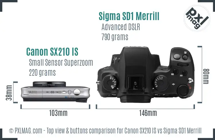 Canon SX210 IS vs Sigma SD1 Merrill top view buttons comparison