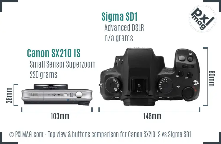 Canon SX210 IS vs Sigma SD1 top view buttons comparison