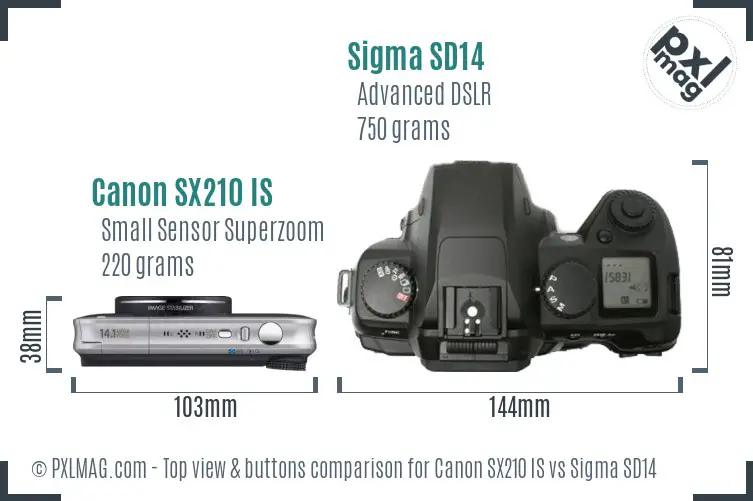 Canon SX210 IS vs Sigma SD14 top view buttons comparison