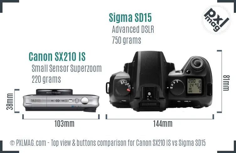 Canon SX210 IS vs Sigma SD15 top view buttons comparison