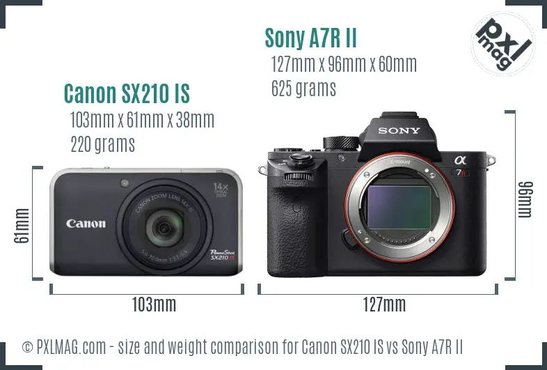 Canon SX210 IS vs Sony A7R II size comparison