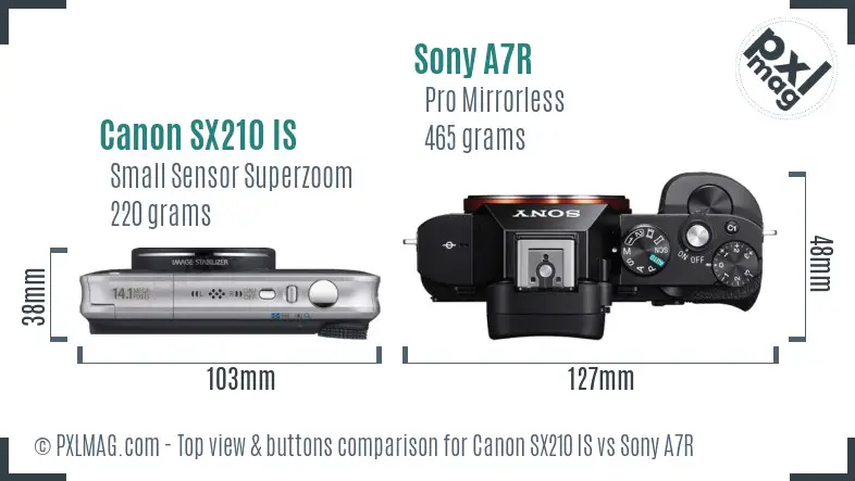 Canon SX210 IS vs Sony A7R top view buttons comparison