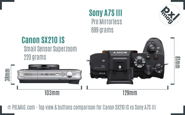 Canon SX210 IS vs Sony A7S III top view buttons comparison