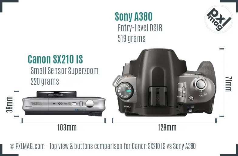 Canon SX210 IS vs Sony A380 top view buttons comparison Canon SX210 IS vs Sony A380 top view buttons comparison