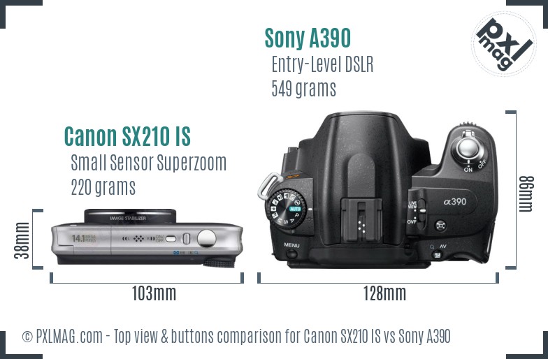 Canon SX210 IS vs Sony A390 top view buttons comparison