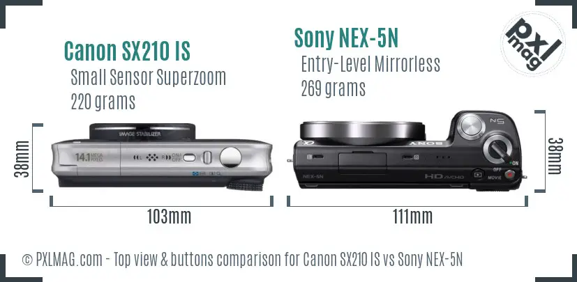 Canon SX210 IS vs Sony NEX-5N top view buttons comparison