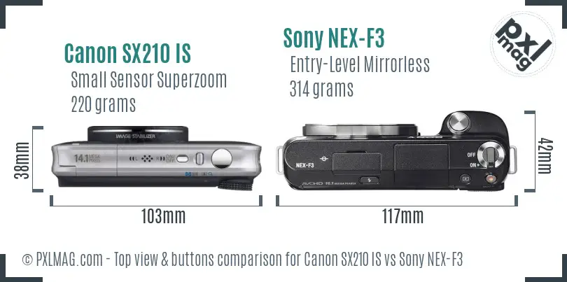 Canon SX210 IS vs Sony NEX-F3 top view buttons comparison