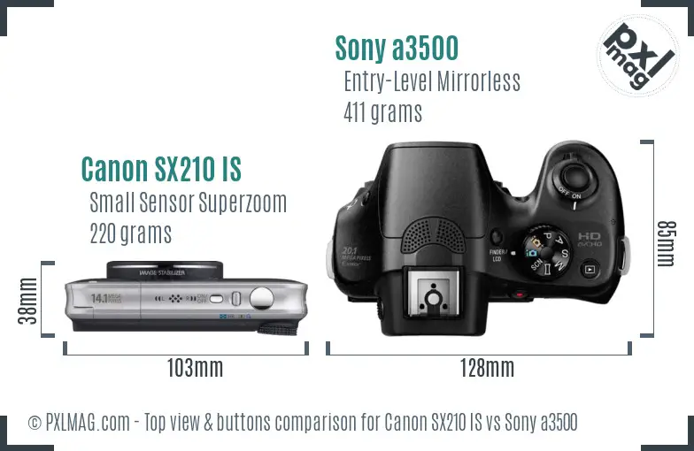 Canon SX210 IS vs Sony a3500 top view buttons comparison