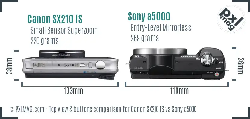 Canon SX210 IS vs Sony a5000 top view buttons comparison