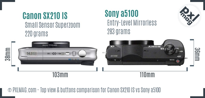 Canon SX210 IS vs Sony a5100 top view buttons comparison