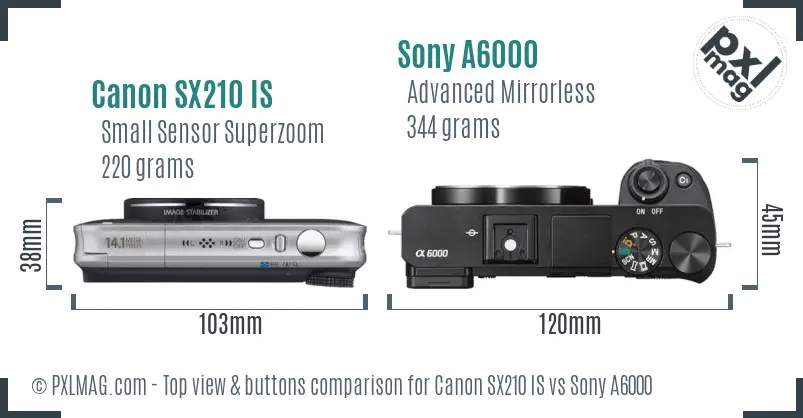 Canon SX210 IS vs Sony A6000 top view buttons comparison