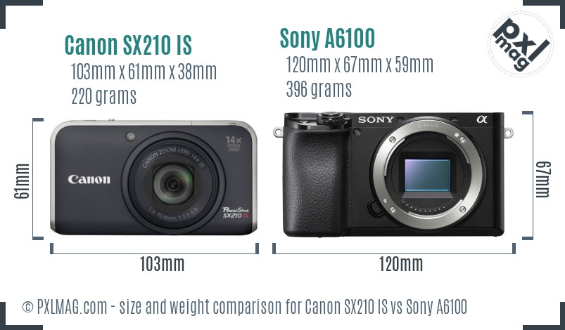 Canon SX210 IS vs Sony A6100 size comparison Canon SX210 IS vs Sony A6100 size comparison