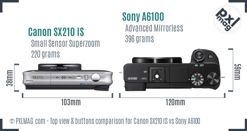 Canon SX210 IS vs Sony A6100 top view buttons comparison