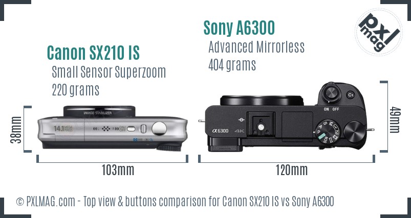 Canon SX210 IS vs Sony A6300 top view buttons comparison