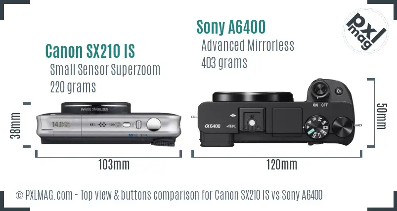 Canon SX210 IS vs Sony A6400 top view buttons comparison