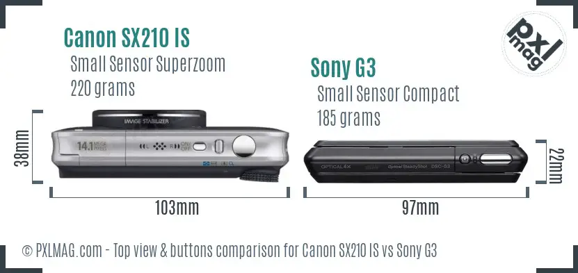 Canon SX210 IS vs Sony G3 top view buttons comparison