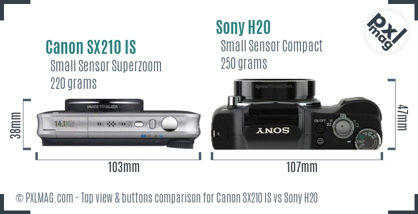 Canon SX210 IS vs Sony H20 top view buttons comparison