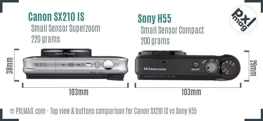 Canon SX210 IS vs Sony H55 top view buttons comparison Canon SX210 IS vs Sony H55 top view buttons comparison