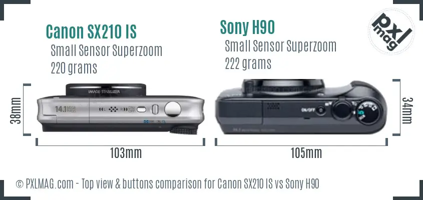 Canon SX210 IS vs Sony H90 top view buttons comparison