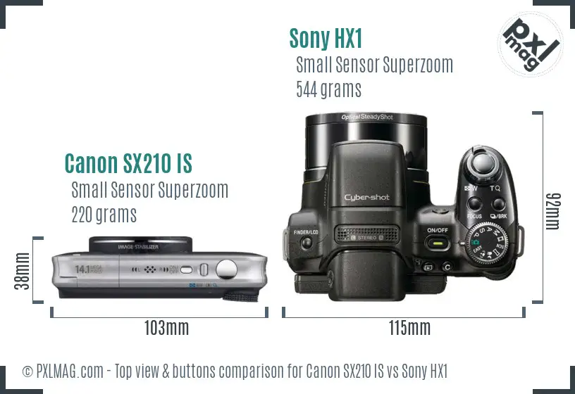Canon SX210 IS vs Sony HX1 top view buttons comparison