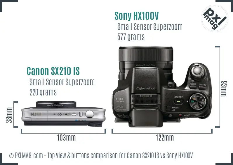 Canon SX210 IS vs Sony HX100V top view buttons comparison Canon SX210 IS vs Sony HX100V top view buttons comparison