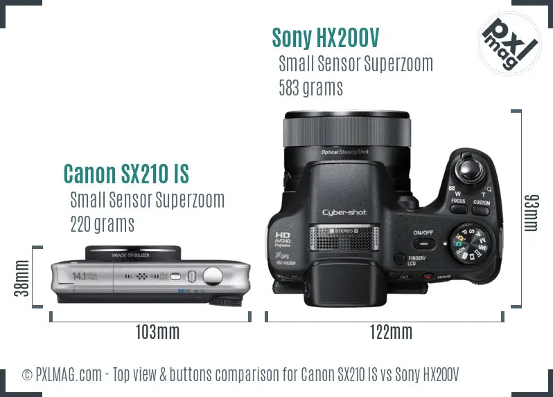 Canon SX210 IS vs Sony HX200V top view buttons comparison
