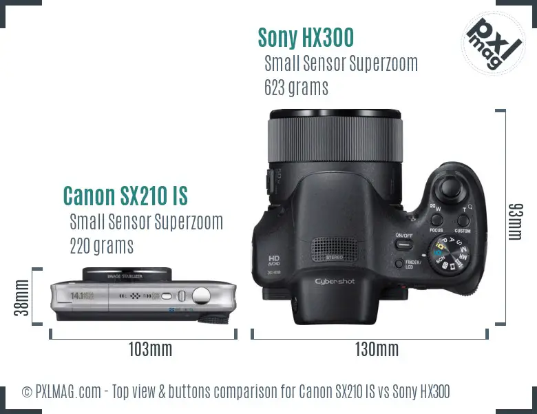 Canon SX210 IS vs Sony HX300 top view buttons comparison Canon SX210 IS vs Sony HX300 top view buttons comparison