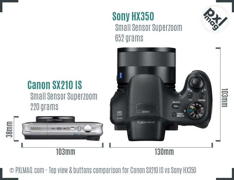 Canon SX210 IS vs Sony HX350 top view buttons comparison