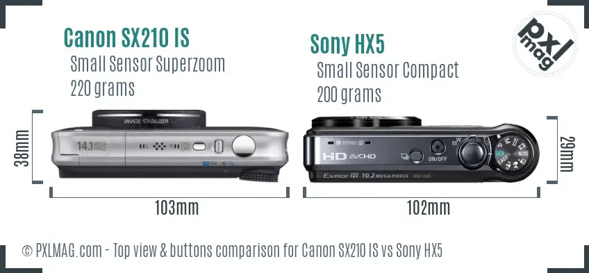 Canon SX210 IS vs Sony HX5 top view buttons comparison Canon SX210 IS vs Sony HX5 top view buttons comparison