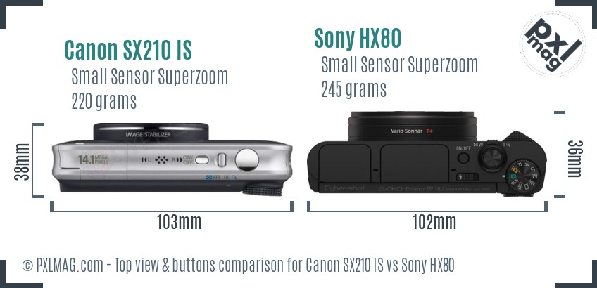 Canon SX210 IS vs Sony HX80 top view buttons comparison