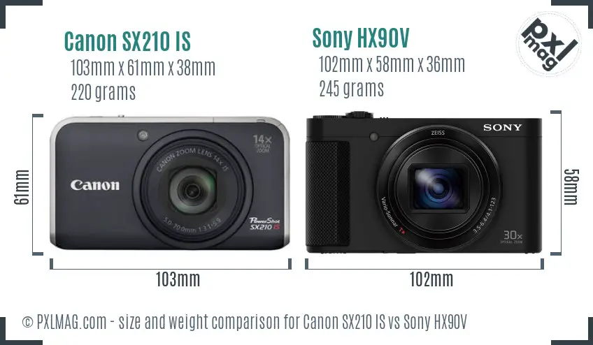 Canon SX210 IS vs Sony HX90V size comparison