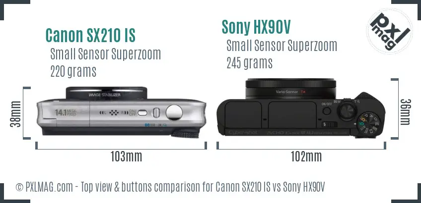 Canon SX210 IS vs Sony HX90V top view buttons comparison