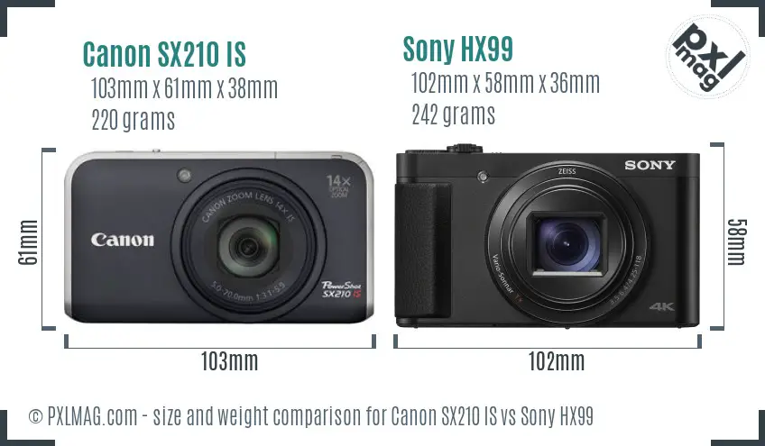 Canon SX210 IS vs Sony HX99 size comparison