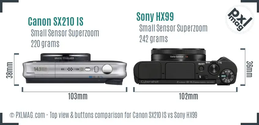 Canon SX210 IS vs Sony HX99 top view buttons comparison