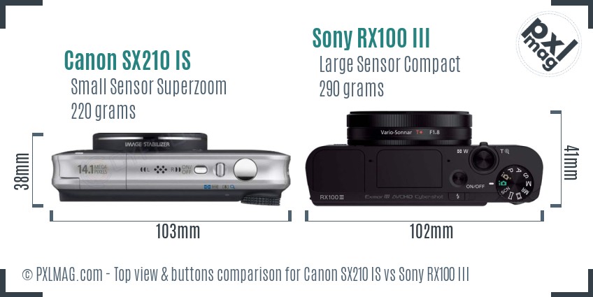 Canon SX210 IS vs Sony RX100 III top view buttons comparison