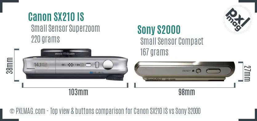 Canon SX210 IS vs Sony S2000 top view buttons comparison