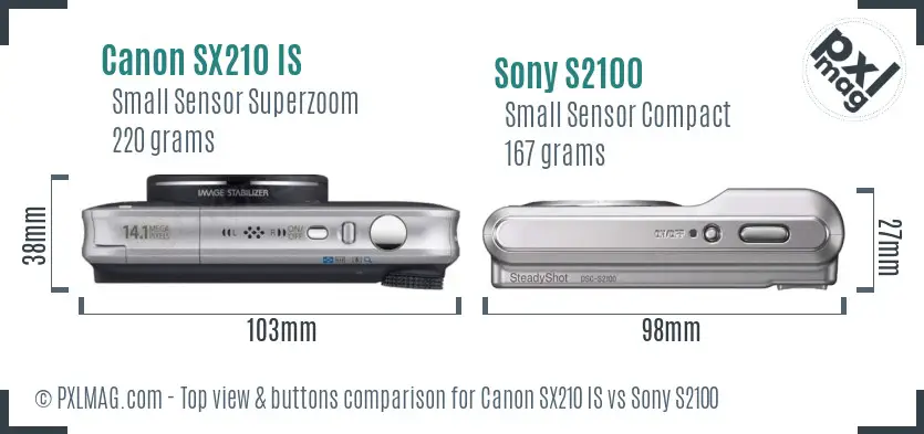 Canon SX210 IS vs Sony S2100 top view buttons comparison