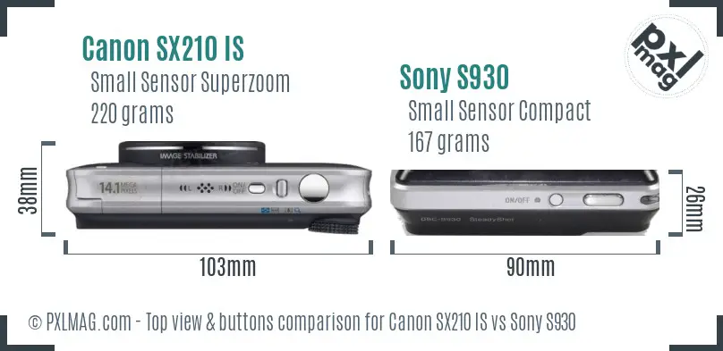 Canon SX210 IS vs Sony S930 top view buttons comparison Canon SX210 IS vs Sony S930 top view buttons comparison