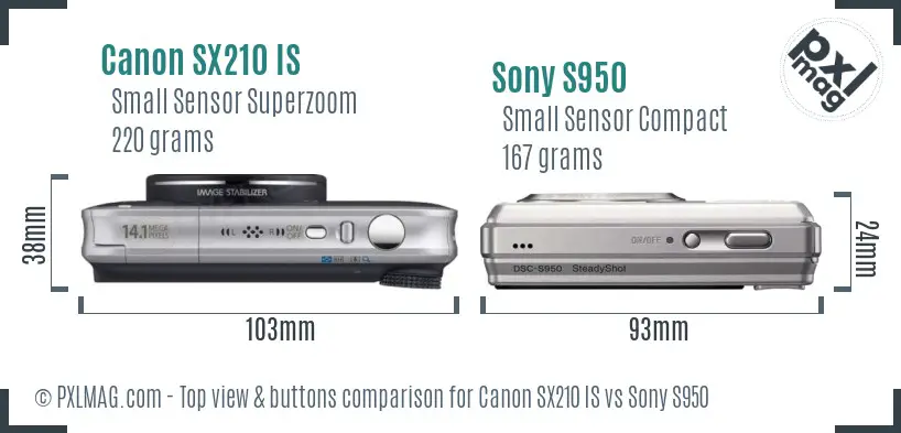 Canon SX210 IS vs Sony S950 top view buttons comparison Canon SX210 IS vs Sony S950 top view buttons comparison